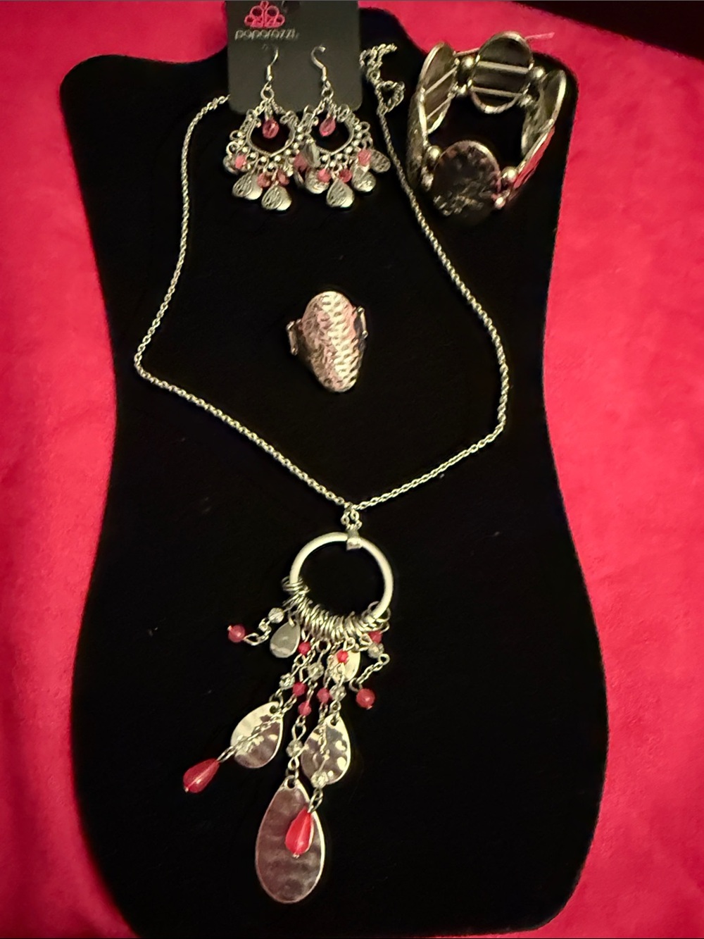 paparazzi Silver-Tone Necklace and Chandelier Earring Set with Red Accents